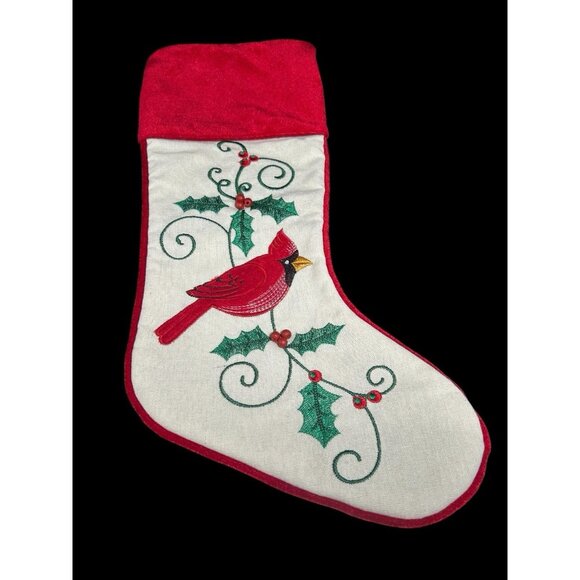 Christmas Stocking Applied Cardinal Bird Beaded 19" Red Velvet - Picture 1 of 7